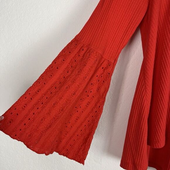 Free People Parisian Nights Bright Orange Bell Sleeve Top, Islet Trim Si… - Picture 4 of 5